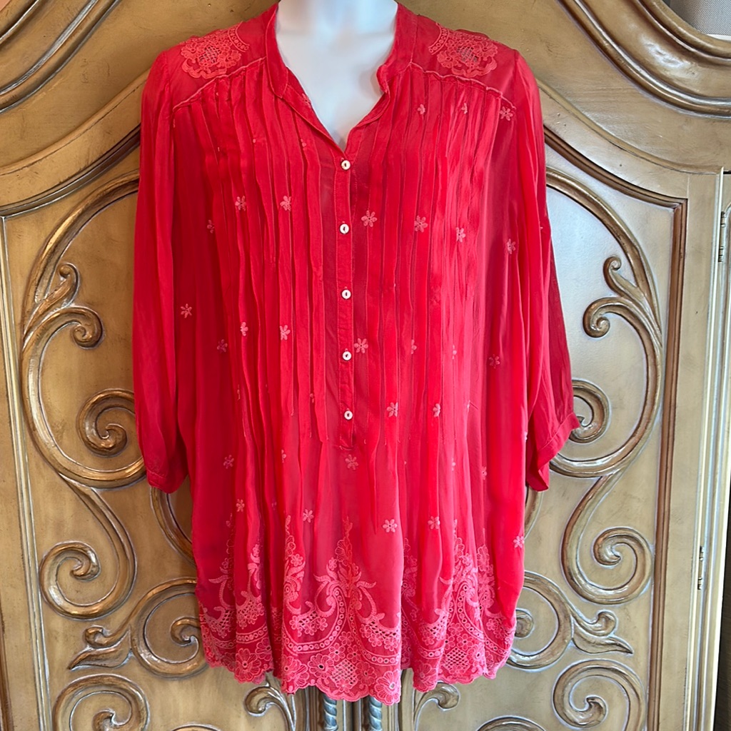 Johnny Was Coral Pleated Mandarin Collar Blouse